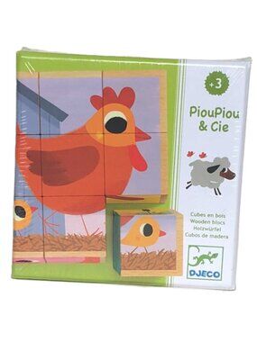 NIB  Djeco Wooden Cube Puzzle 'PiouPiou & Co" (9 cubes)  Animals